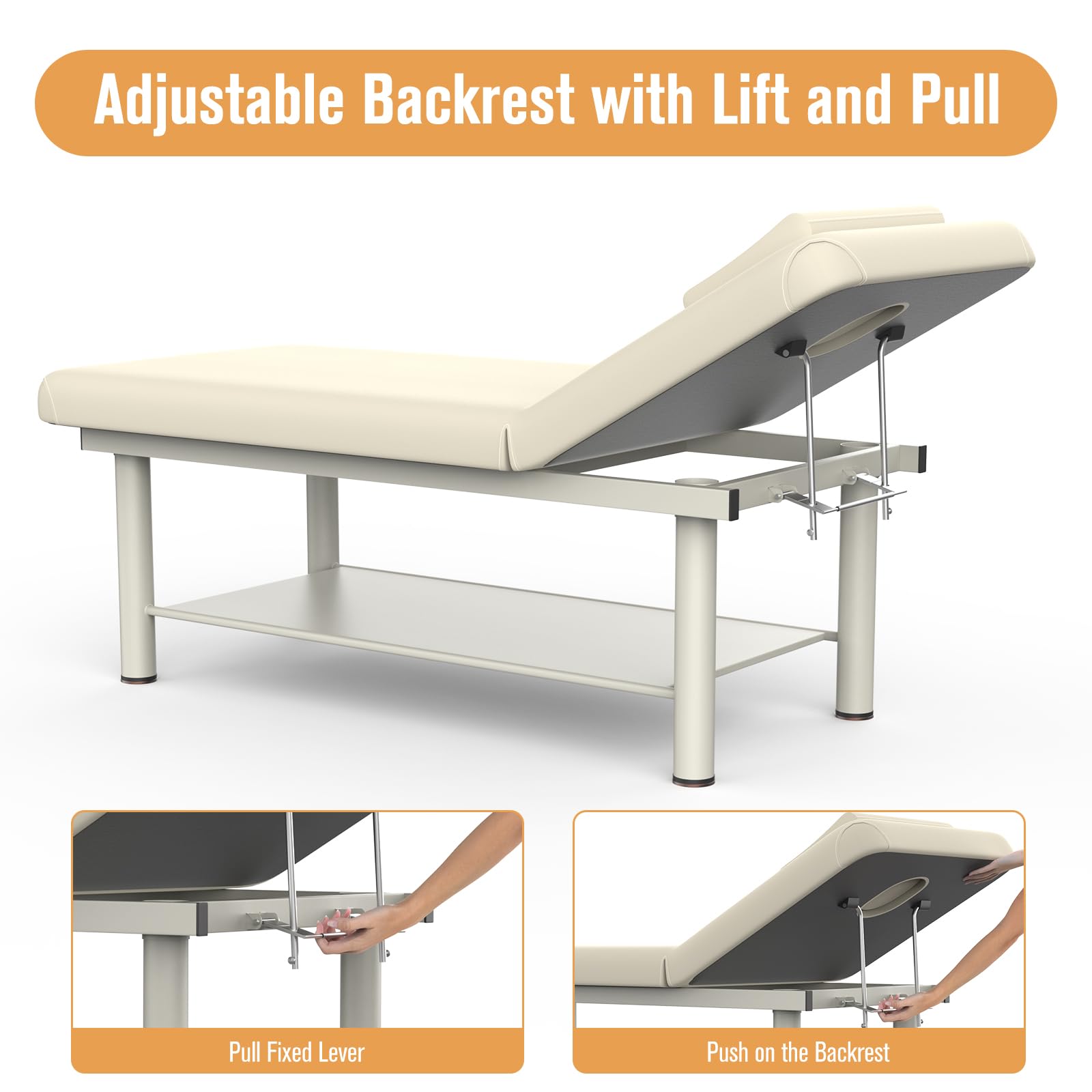 Beige Massage Table, Metal Frame Wide Stationary Massage Table for Treatment Table Physical Therapy Table Spa Facial Bed, Heavy Duty Professional Massage Bed, PU Leather 31.5'' W 75'' L, 700lbs