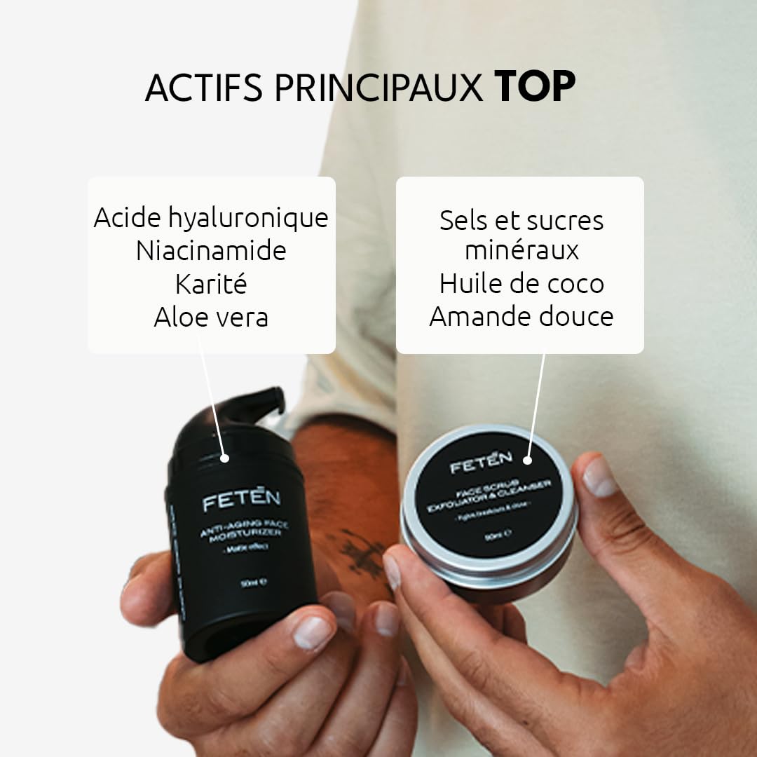 FETEN Coffret Soin Anti-Imperfections Homme - Gommage Visage + Crème Hydratante Matifiante Anti-Rides, Traitement Complet pour la Peau, Coffret Cadeau Homme