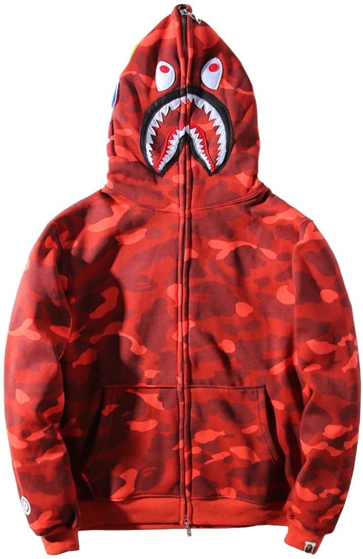 Niuvoo Unisex Red Shark Hoodie Men's Camo Shark Print Jacket Long Sleeve Sweatshirt Camouflage For Men Teen(Color:,Size:s)