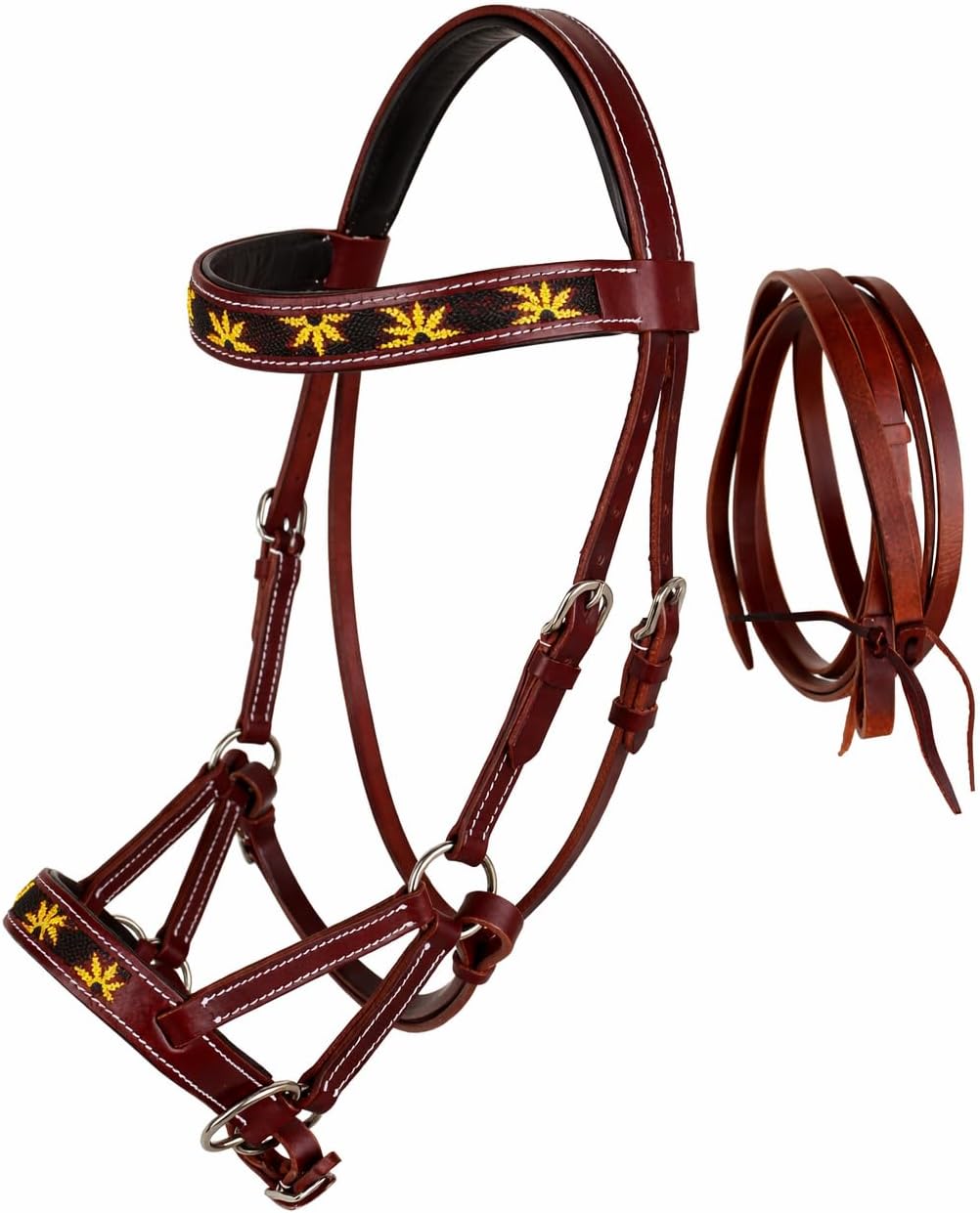 CHALLENGER Horse Western Leather Beaded Bitless Sidepull Bridle Reins Sun Flower 77RS24MG-F
