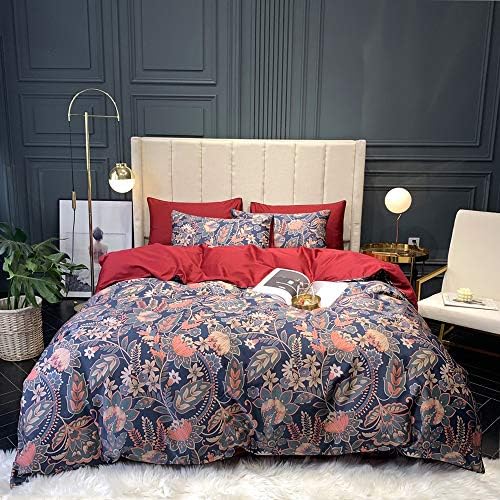 mixinni Floral Duvet Cover Set King Retro Flowers Leaf Bedding Set Sateen Cotton Red Duvet Cover with Zipper Closure Ties Luxury Quality Comfortable Easy Care(King Size,Edward)
