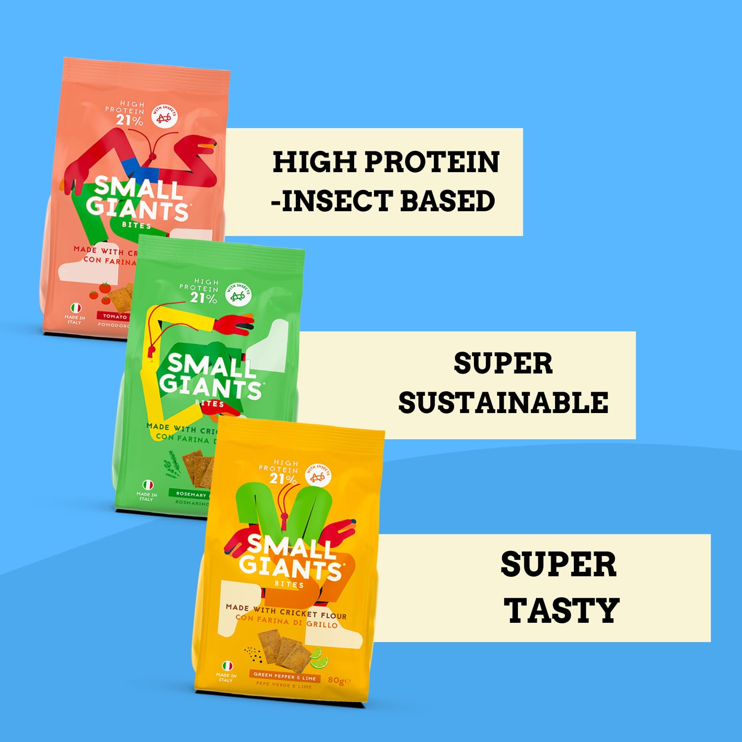 SMALL GIANTS®| Chipsy Proteinowe Jadalne Owady, Zdrowe Przekąski z Mąką ze Świerszczy, Chipsy Mix, Low Carb, Smak Pomidor&Oregano, Rozmaryn&Tymianek, Limonka&Czarny Pieprz (Mix- All Flavours)
