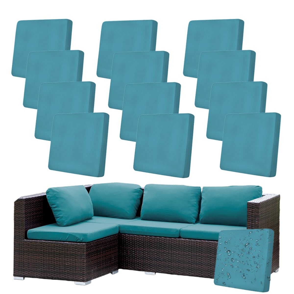 Hiseng Outdoor Cushion Covers Replacement 8/12 /14 PCS Water Resistant Patio Seat Cushion Covers for Garden Furniture Rattan Corner Sofa, Solid Color Soft Stretch Washable (Cyan,12PCS) — image 1