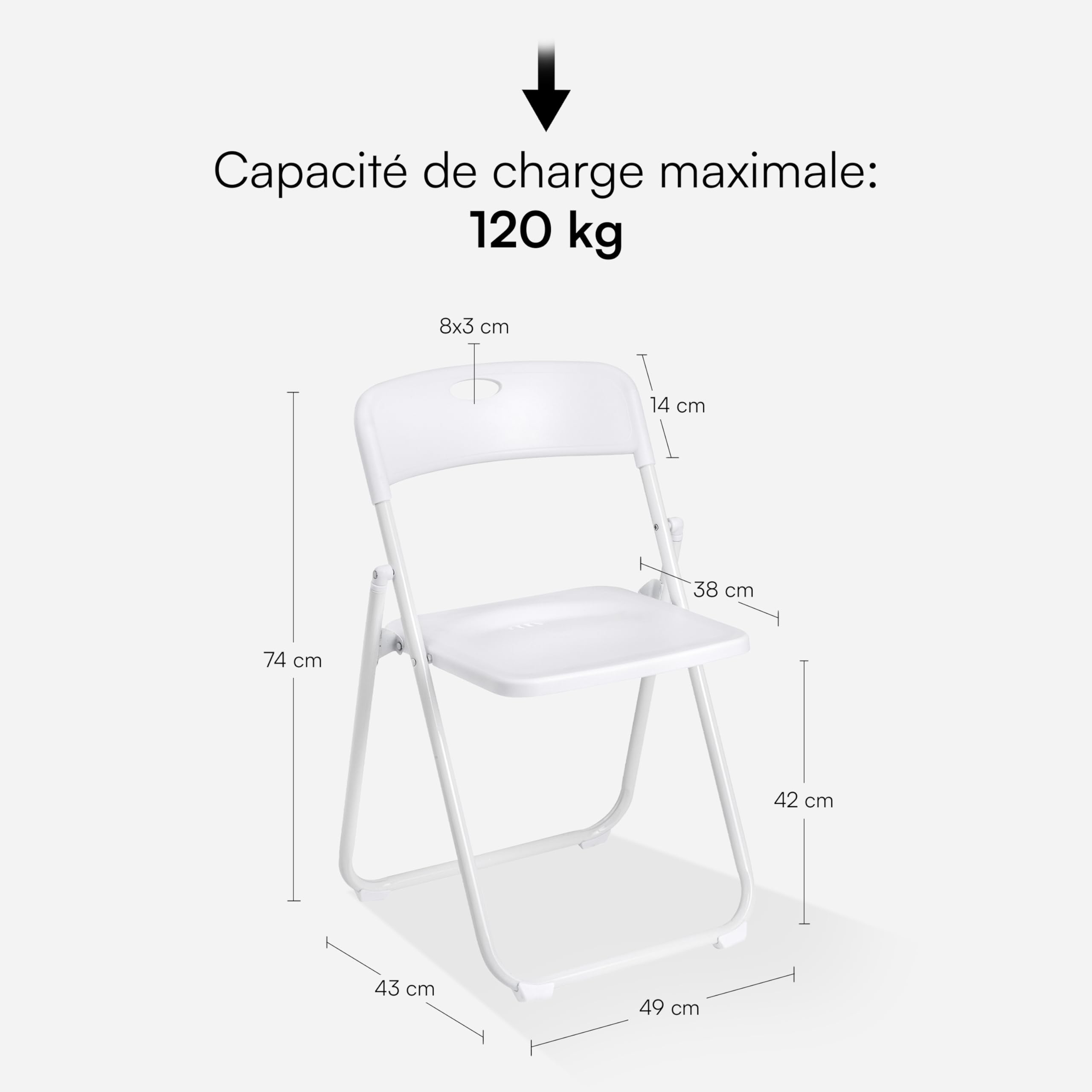 Baroni Home Chaise Pliante avec Structure en Acier et PVC, siège Pliant Peu encombrant avec Pieds et poignée, pour Voyages, Cuisine, Salon, Chambre à Coucher, 74x43x49 cm (1 Chaise, Blanc)