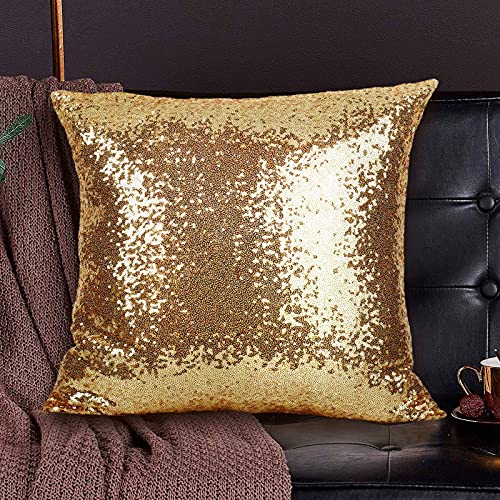 Gold Pillows Sequins Decorative Pillow Pack Of 2,18"X18" Textile Glitter Sequins Square Solid Throw Pillow Covers Cushion Case Hidden Zipper Design For Home Decoration Bed Living Room Party Wedding #TOP6