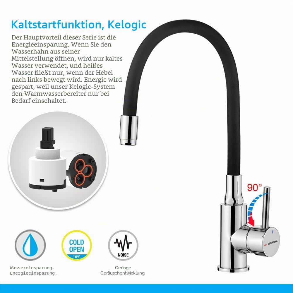 Wasserhahn Küche, Flexible Küchenarmatur, GRIFEMA Soft-Touch Silikonschlauch, 360° Drehbar Spültischarmatur Hochdruck Mischbatterie, Wasserspar- & Energiesparfunktion, Edelstahl, Schwarz-G4002-2