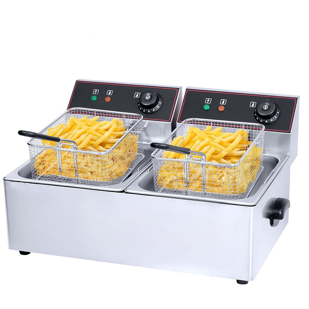 Friggitrice elettrica professionale doppia vasca da 2 x 6 l o 2 x 8 l – 5000 W – Termostato regolabile, serbatoi rimovibili – ideale per catering, snack, cibo camion (2 x 8 litri)