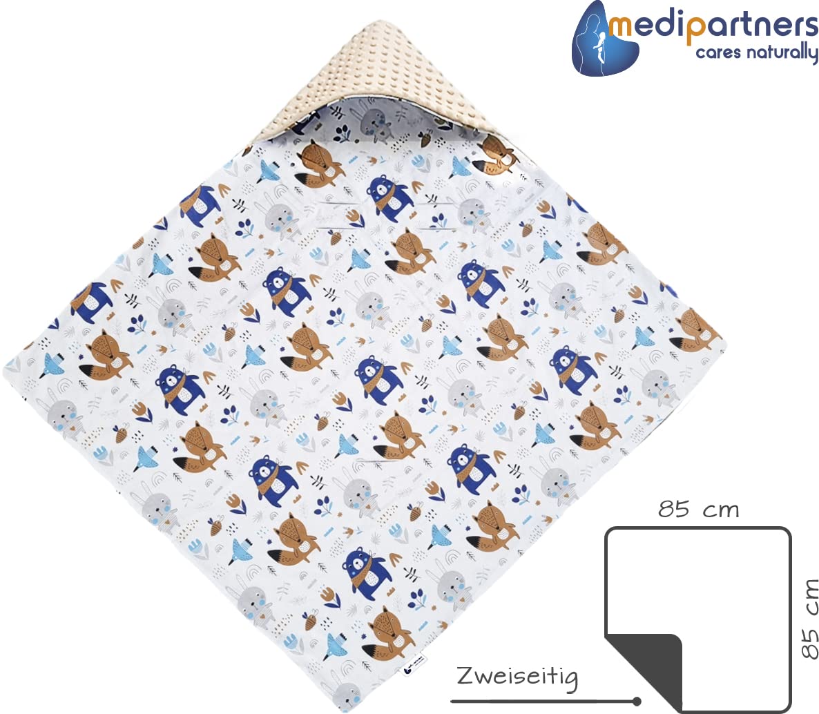 Medi Partners Einschlagdecke 100% Baumwolle 85x85cm Kuscheldecke & Krabbeldecke 100% Baumwolle 75x100cm doppelseitig multifunktional Minky Kuscheldecke