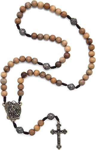 Miniatura 3 de Nazareth Store Rosario de cuentas de madera de nogal macizo, collar de cuentas de metal sagrado, rosario con medalla de San Miguel para hombres y