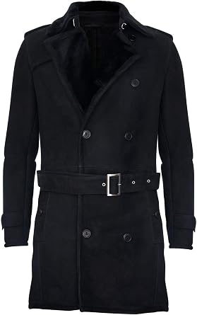 Mens German Military Double Breasted Real Sheepskin Suede Leather Pea Coat