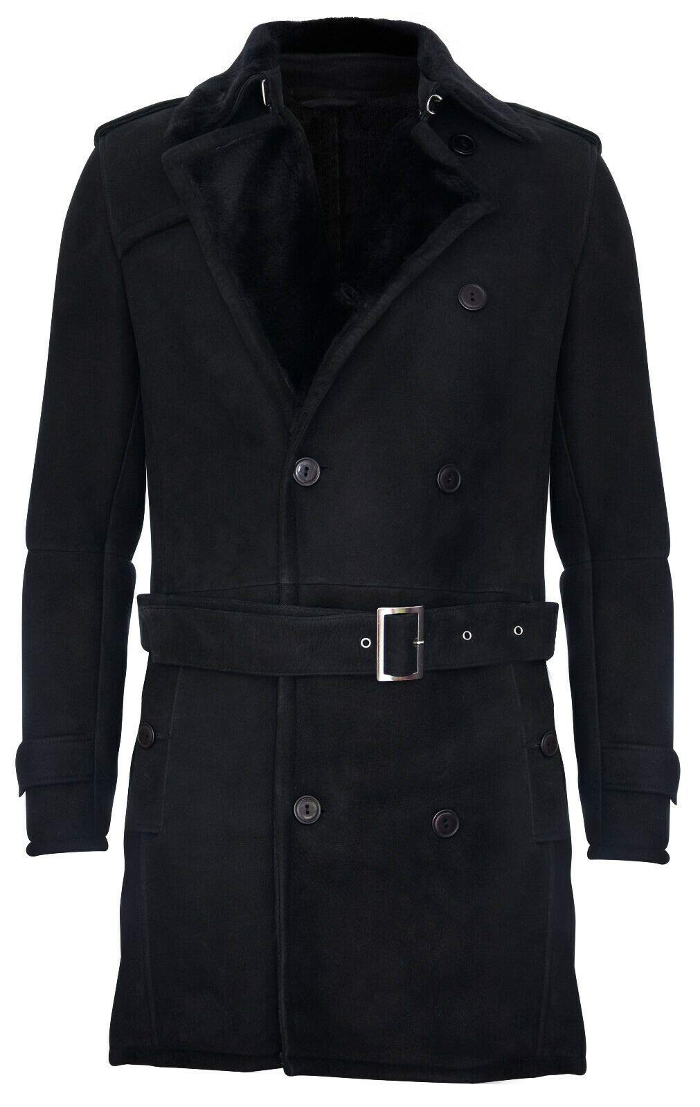 Infinity Leather Men's Black German Military Double Breasted Real Sheepskin Suede Leather Pea Coat L