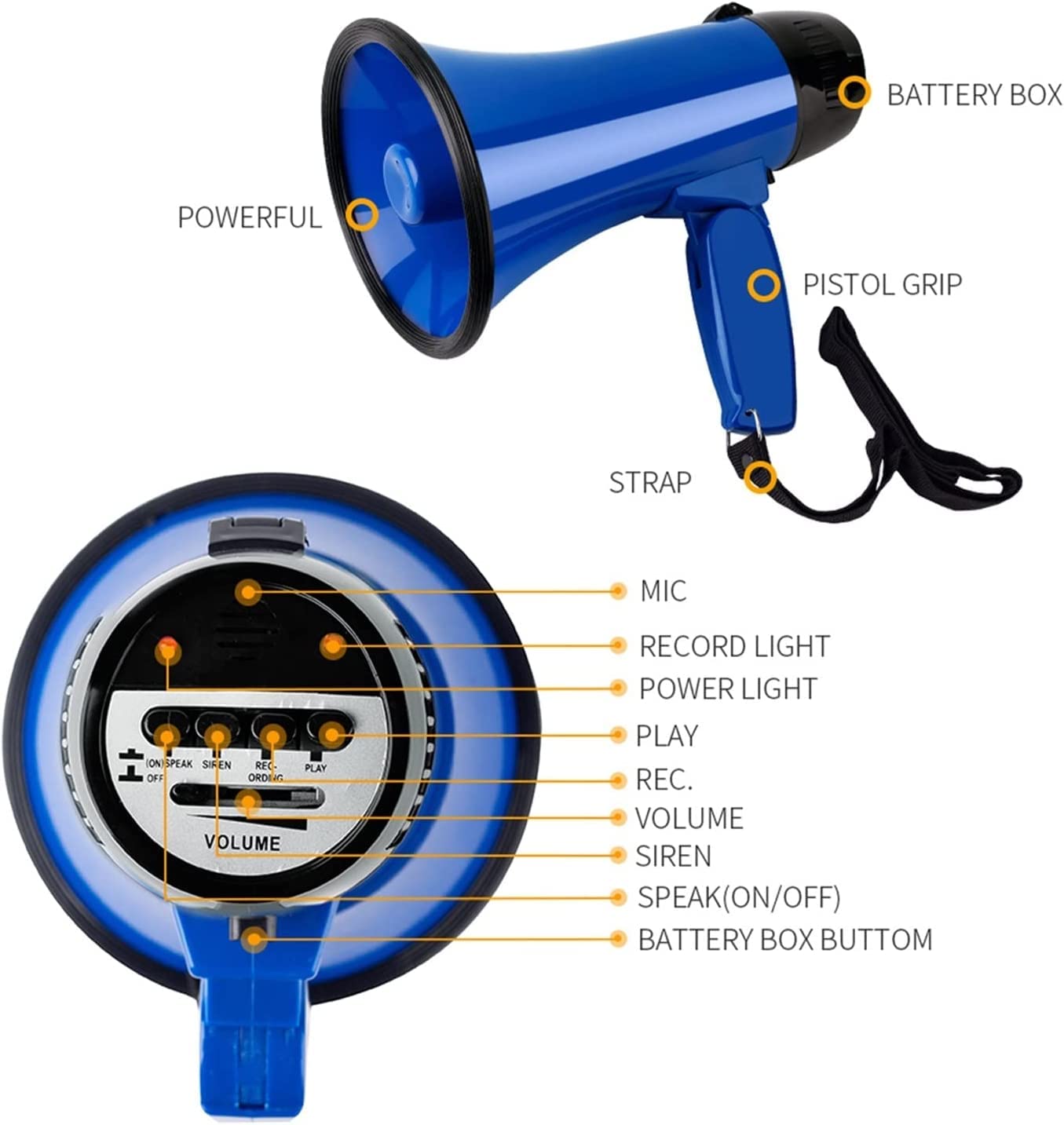 SAAKO Megafoni Altoparlante megafono da 20 Watt di Potenza con Voce e modalità Sirena/Allarme Altoparlante a megafono Registrazione Riproduzione Megafono palmare Volume Alto