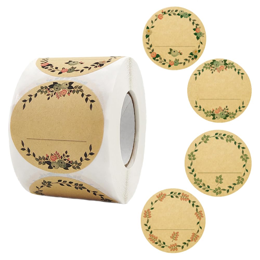 HAHIYO 1.5In 500P Round Natural Brown Kraft Stickers with Vintage Flower Design - 4 Unique Styles Blank Kraft Labels Roll to Write On Durable Dot