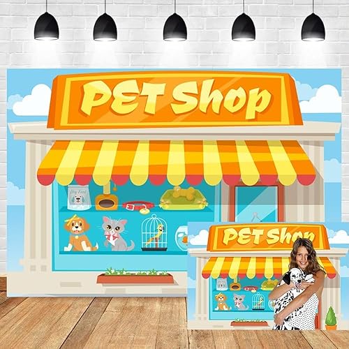 Leyiyi 5x3ft Pet Shop Backdrop Cartoon Cat Dog Birds Cage Fish Tank Pet Store Photography Background for Girl Boy 1st Birthday Party Decoration Banner School Play Photo Booth Props
