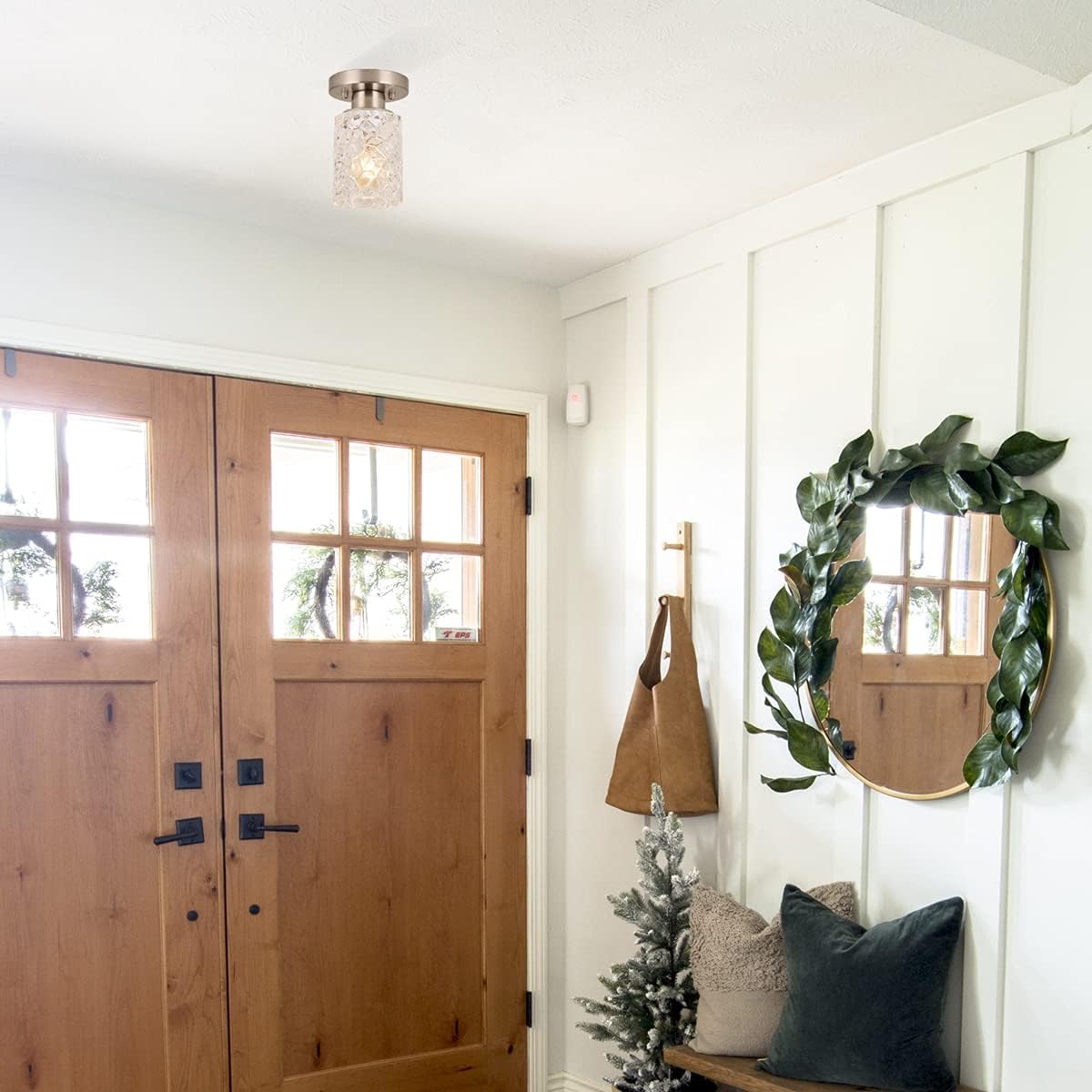 ALICE HOUSE 2 Pack Semi Flush Mount Ceiling Light, Clear Geometric Glass Shade, Brushed Nickel Farmhouse Light Fixture for Hallway, Laundry Room, Kitchen,Bathroom and Foyer AL9082-S2