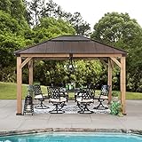 Sunjoy Aylin Outdoor Patio 11 ft. x 13 ft. Cedar Framed Gazebo with Brown Steel and Polycarbonate...
