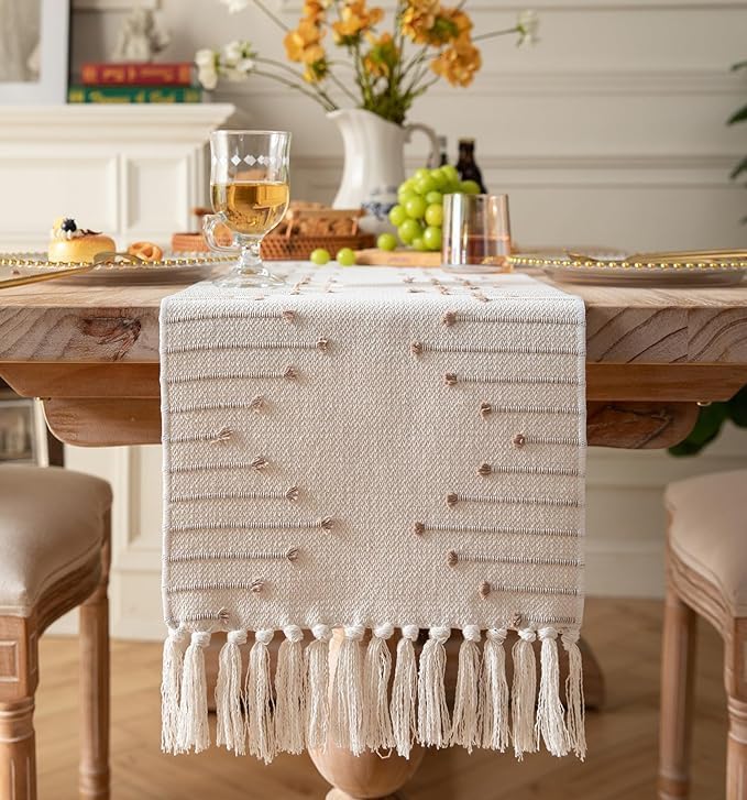 Image of Premium Boho Cotton Table Runner for 4 6 Seater Dining Table |Center Table |Coffee Table|Dining Table|Eating Area|Table Decor(14*72 INCHES)|Beige| SZPR 056