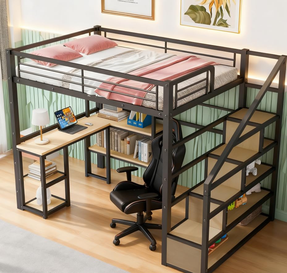 Image of Bellemave Full Loft Bed with Storage Stairs Desk and 3-Tier Shelves, Full Size Loft Bed for Kids, Teens, Adults, Black