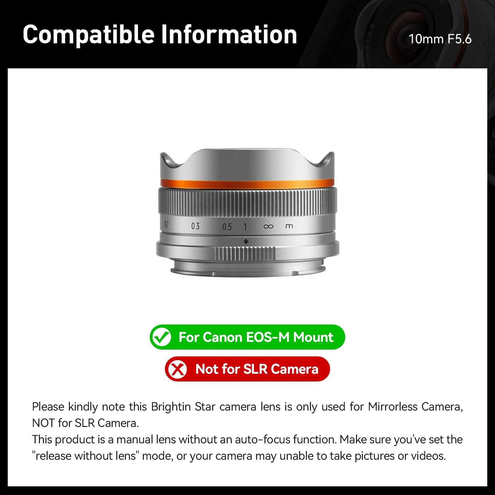 Brightin Star Lente olho de peixe F5.6 de 10 mm para câmeras sem
