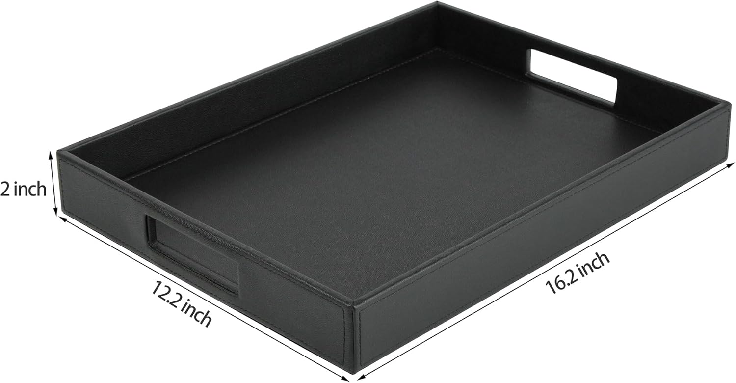 HofferRuffer Rectangle Serving Tray with Hole Handles for Coffee Table, Breakfast, Tea, Food, Butler - Countertop, Kitchen, Vanity Serve Tray, 16.2 x 12.2 x 2 inches, Faux Leather Tray (Black) - Image 2