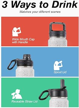 Coolflask Water Bottle 20 oz Insulated with Straw, Stainless Steel Metal 3 Lids Water Flask Wide Mouth for Sports or Office, Non-BPA Keep Cold Up to 48 Hrs or Hot Up to 24 Hrs, Arctic White