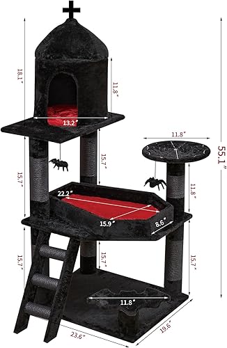 Miniatura 6 de Árbol gótico para gatos con cama de ataúd, torre para gatos de 55 pulgadas con espacioso condominio para gatos, postes rascadores, bola colgante de