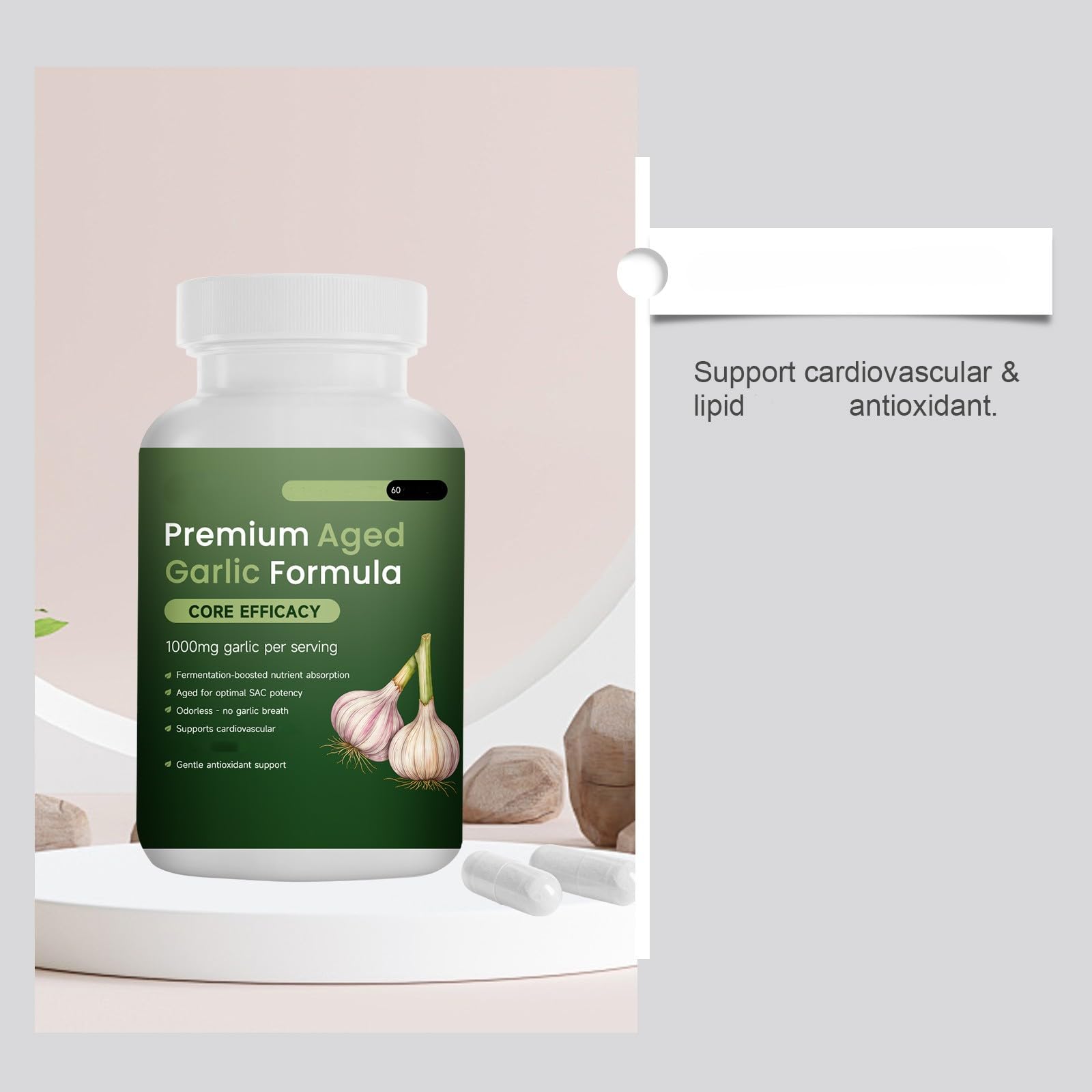 Formuła Premium AgedGarlic (60 szt.) | Czosnek czarny premium dojrzały - Bezzapachowy czosnek 1000 mg na porcję - Serce i krążenie, Bez GMO, Bez glutenu