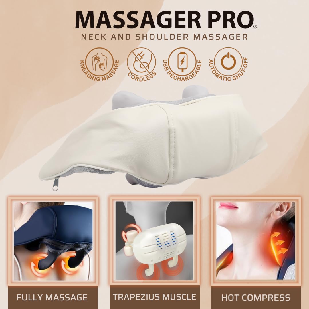 Masajeador de Cuello y Hombros Massager Pro, Función de Calefacción, Masajeador Cervical, Alivia tensiones y dolores en el cuello, hombros, 3 velocidades, Inalámbrico y recargable