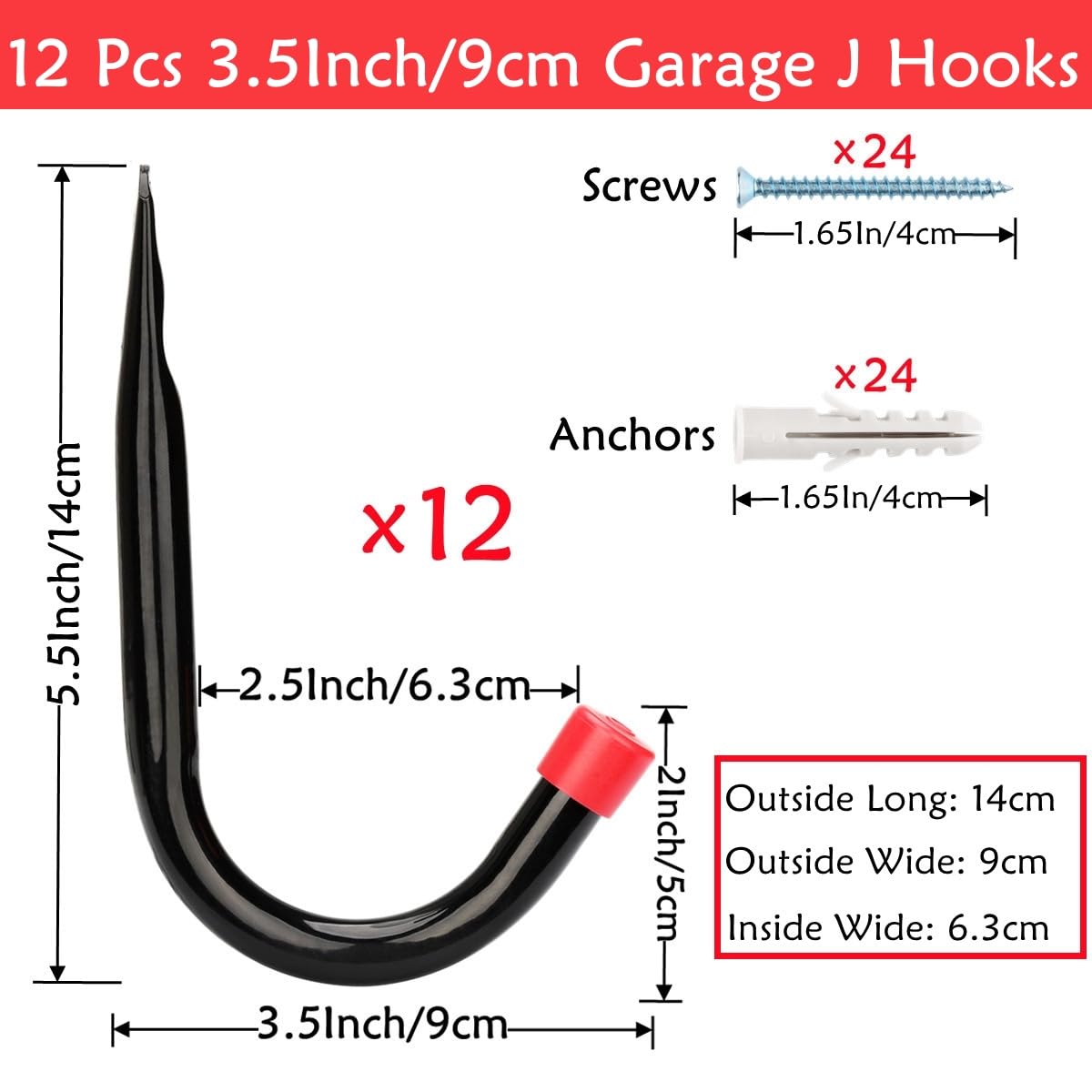 Moundnaik Heavy Duty Steel Garage Storage Hooks, Wall Mounted J Utility Hanger, Each Hook Holds Up to 20KG (14cm x 9cm) - Image 2