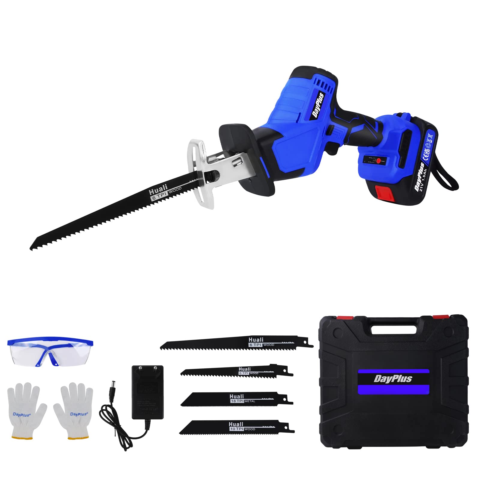 Sierra de sable eléctrica sin escobillas de 21 V, con pilas de 1500 mAh, velocidad variable de 0-1900 RPM, 4 hojas de sierra, longitud de trazo de 15 mm, luz LED