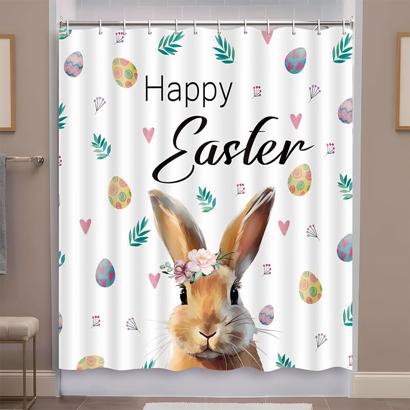 Tieshankao Easter Bunny Shower Curtain for Bathroom - Egg Decorations Spring Home Decor with 12PCS Hooks 72x72 Inch
