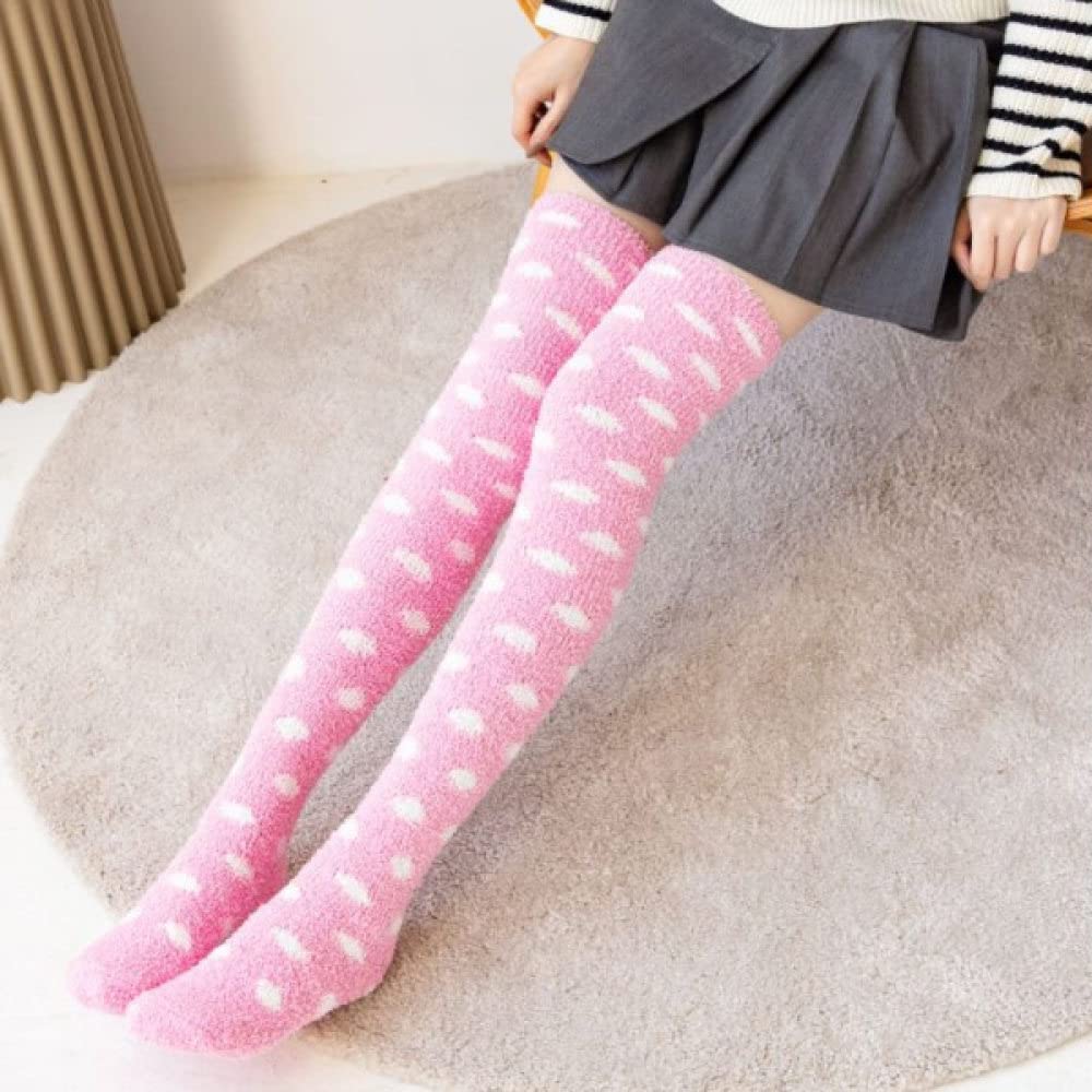 MIDJ Wintersocken,Damen Überkniestrümpfe Winter Warme Socken Rosa Und Weiße Punkte Plüsch Fleece Komfortsocken Weiche Überkniestrümpfe Überkniestrümpfe Warme