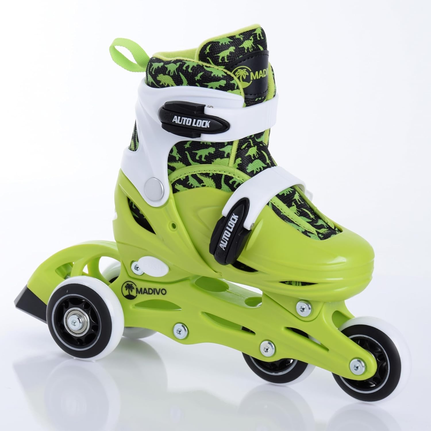 Madivo Dino Set 2 en 1 Rollers / Triskates réglables | Patins à roulettes ABEC-5 | Rollers en ligne convertibles en patins à roulettes | Vert/noir | Tailles : 26-29, 30-33