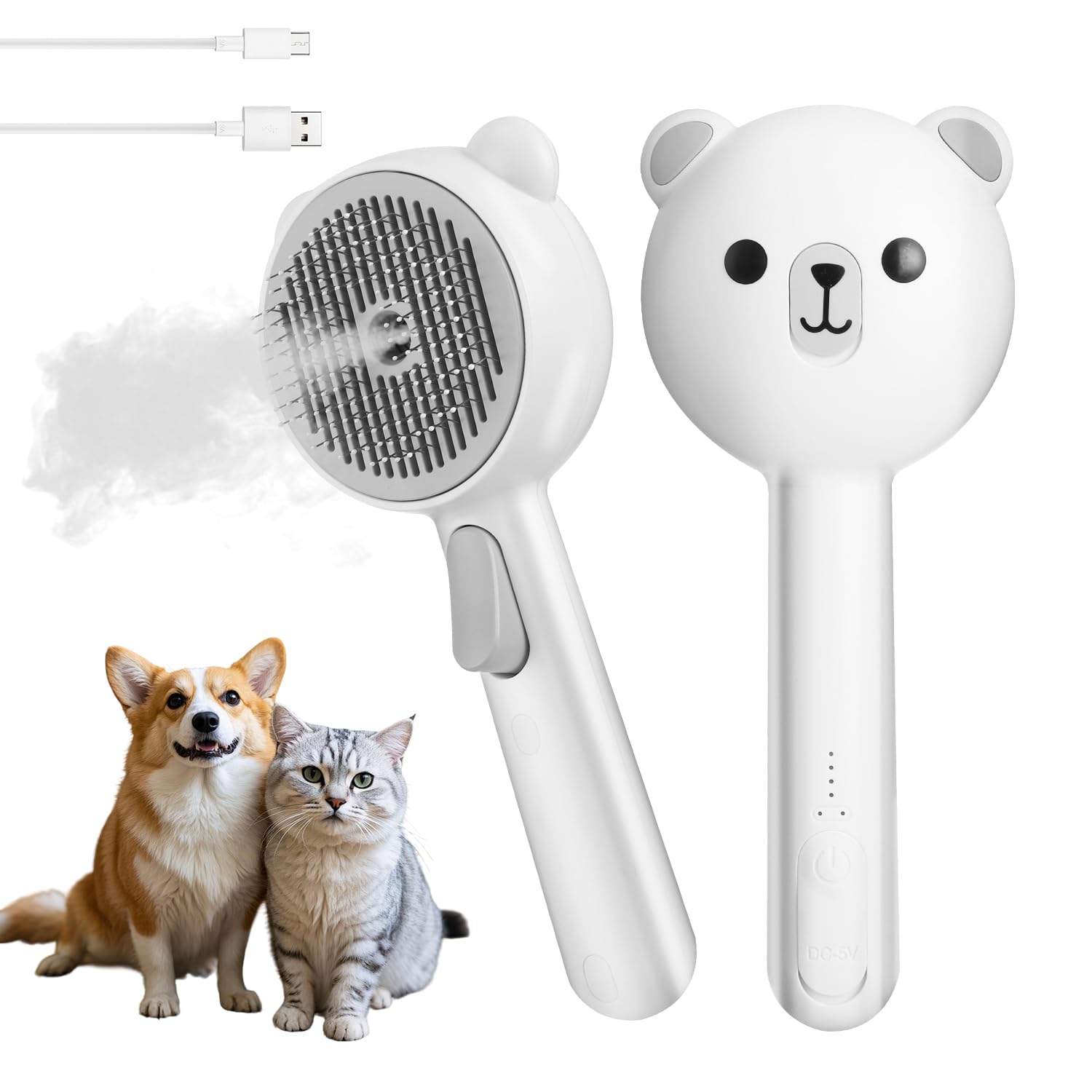 Cat Steam Brush with Release Button, 4 in 1 Rechargeable Cat Steam Brush, Self-Cleaning Brush for Long and Short Hair Cats Dogs Rabbits (White)
