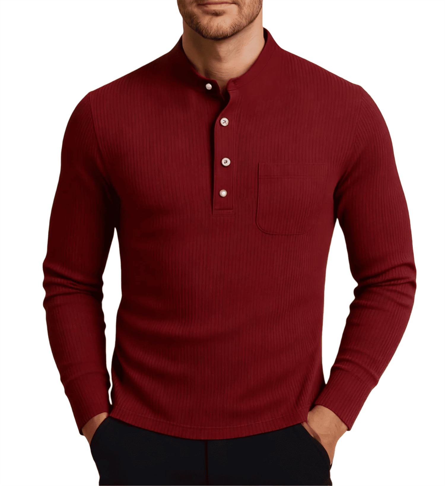 Men's Long Sleeve Henley Shirts Ribbed Knit Button Down Shirt Fleece Pullover Tops Casual Fall Clothes with Pocket