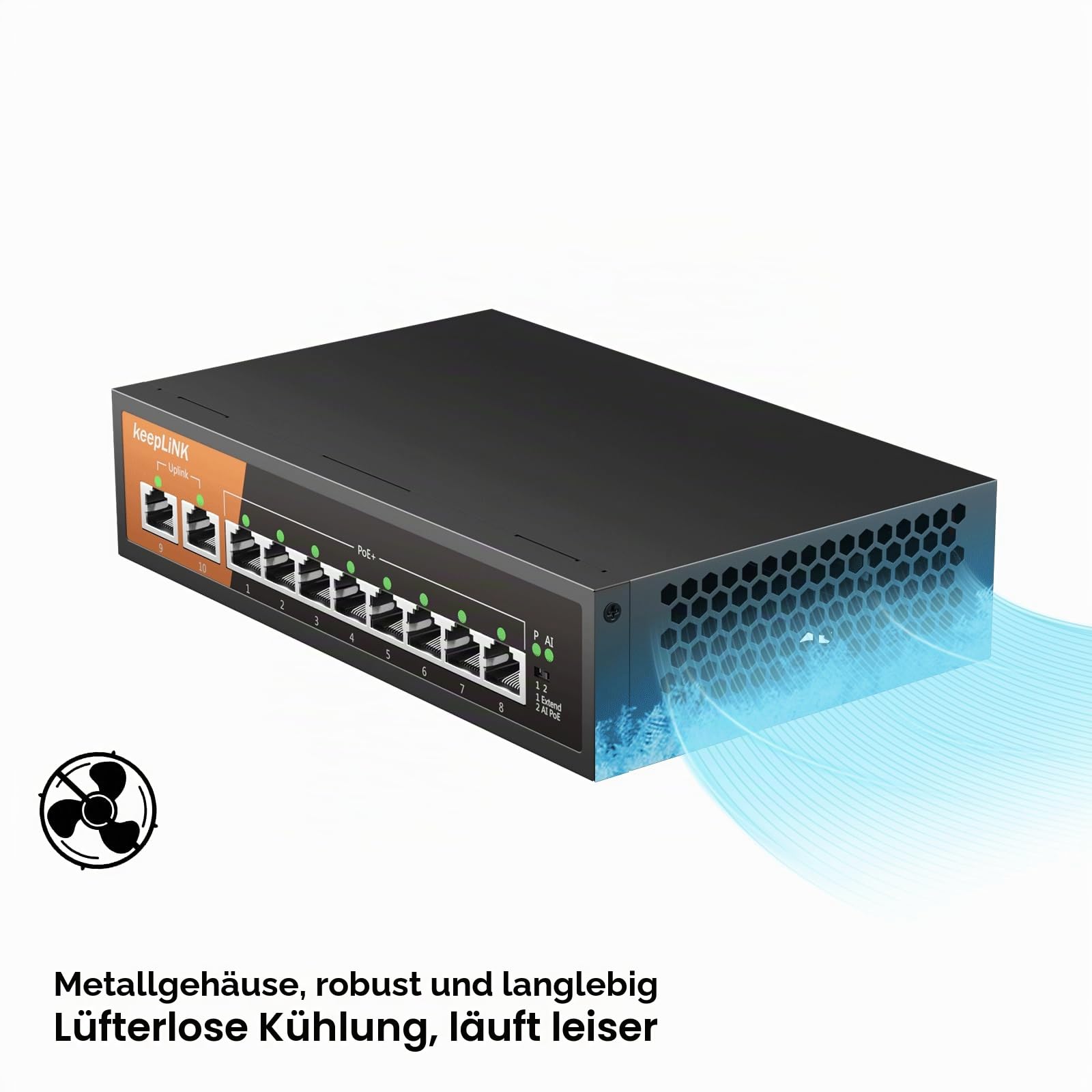 PoE Switch 10-Port Gigabit LAN Switch mit 8 PoE+ Ports, 2 1000Mbps Uplink Ports, 120w Built-in Power Supply, IEEE-802.3af/at PoE, Lüfterlos, Plug-and-Play, Robustes Metallgehäuse