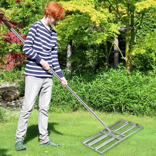 Lawn Squeegee 75 x 25 cm Lawn Squeegee Garden Lawn Squeegee Stainless Steel with 2 m Handle, Levelling Rake, Effortless Squeegee Lawn, Lawn Rake Unevenness in Lawn Levelling Tool Compensation for Yard