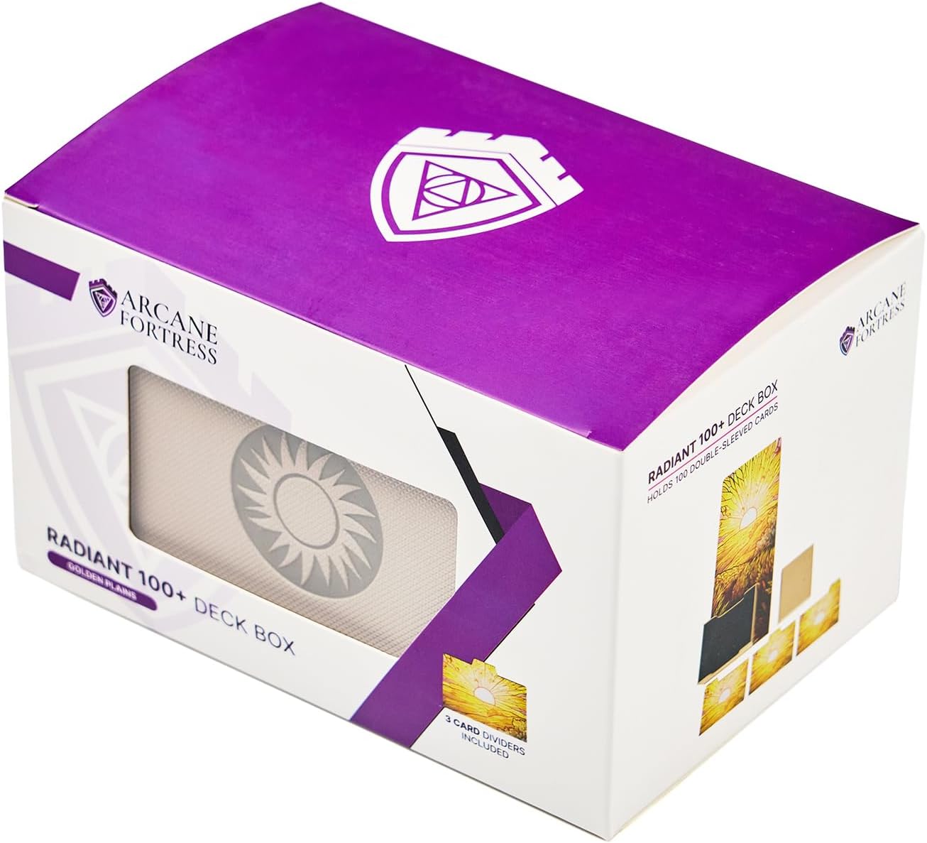 Arcane Fortress Card Deck Box for MTG Commander, Fits 100 Double-Sleeved Cards, Premium Leather, TCG Deck Box for Magic EDH, Magnetic Case with 3 Dividers & Dice Storage Box (Golden Plains)