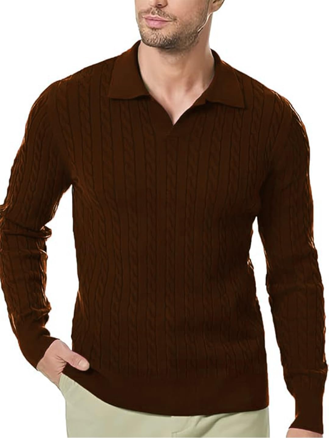 Men's Full Sleeve Woolen Collar Polo Sweater for Men, Cable Knitted Sweaters for Men
