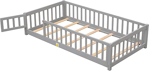 Miniatura 8 de Olela Base de cama de tamaño individual, cama Montessori de madera con rieles de valla y listones de soporte, cama de suelo para niños pequeños con