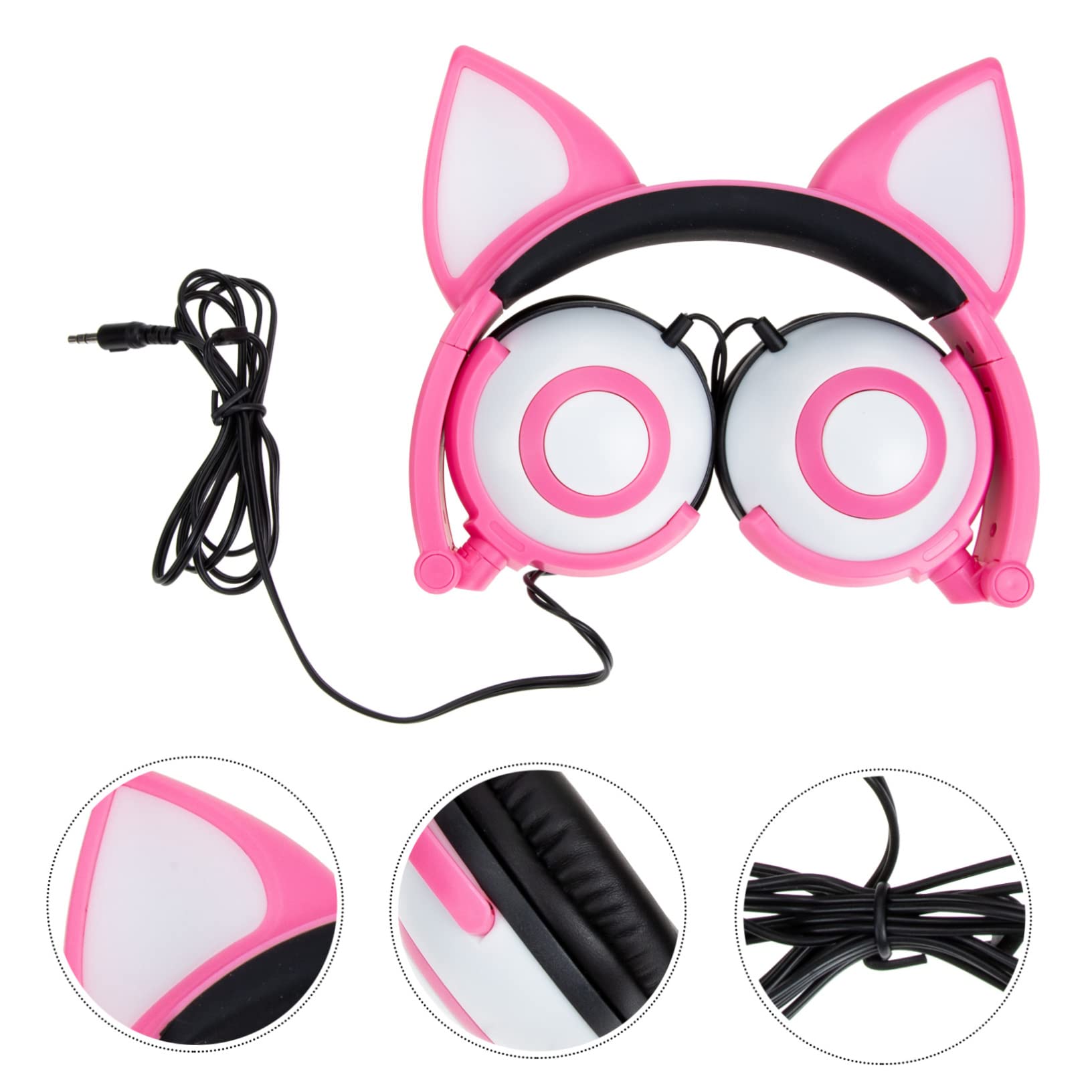 Cuffie per Bambini Orecchie da Gatto Rosa in Pvc Luce | Jack 3, 5mm, Spinotto Dritto e Driver da 40mm, Batteria a Bottone Inclusa