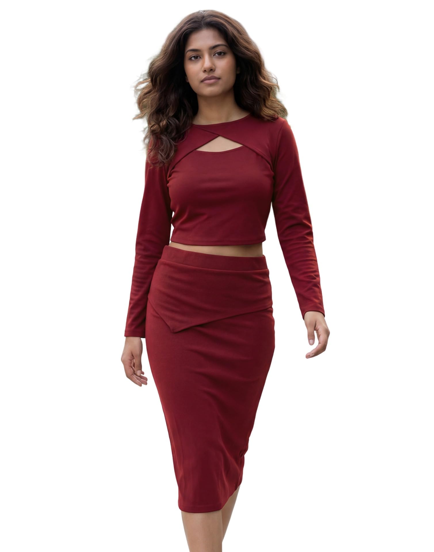 selvia Women’s Maroon Co-ord Set, Long Sleeve Crop Top with Midi Skirt, Stylish Party & Casual Two Piece Outfit-picture-10