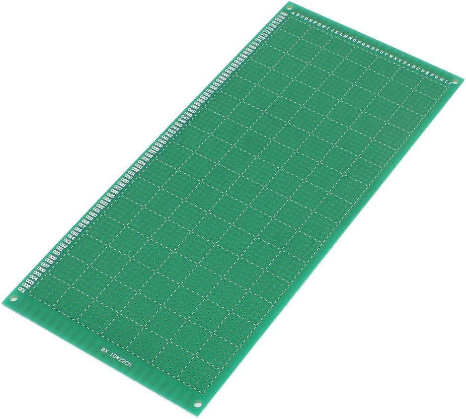 Underside view of the Aexit Single Sided Prototyping Board, displaying a green surface with a grid of small, square copper pads. Along the top and left edges, alphanumeric characters (A-Z, 1-88) are printed in white, serving as reference points for the grid.