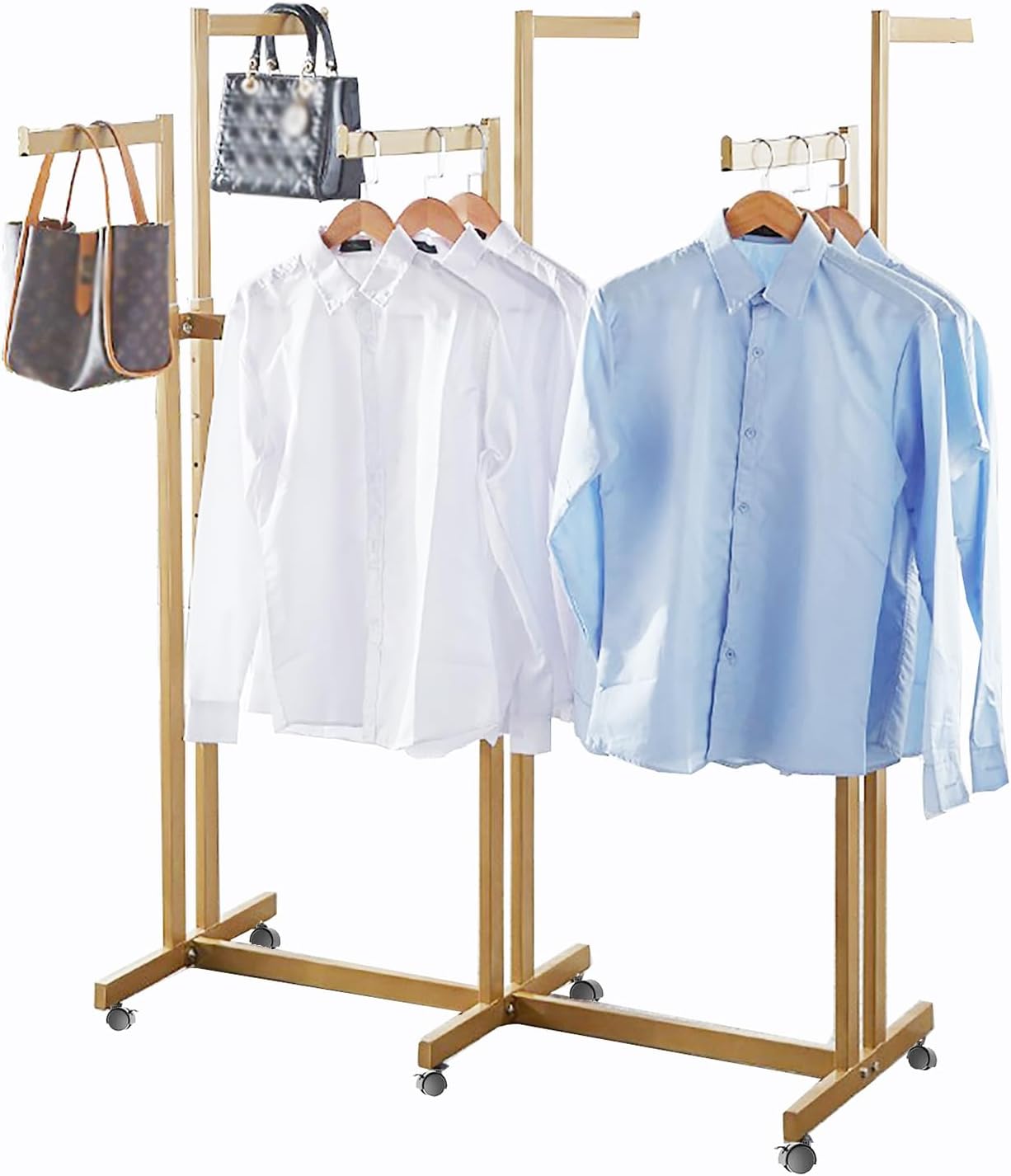 Floor Standing Metal Garment Rack - Heavy Retail Display Racks With Wheels, 6 Arms Clothing Rack, Square Tubing Portable Shirt Rack, Merchandise Display RackFor Hanging Clothes (Gold)