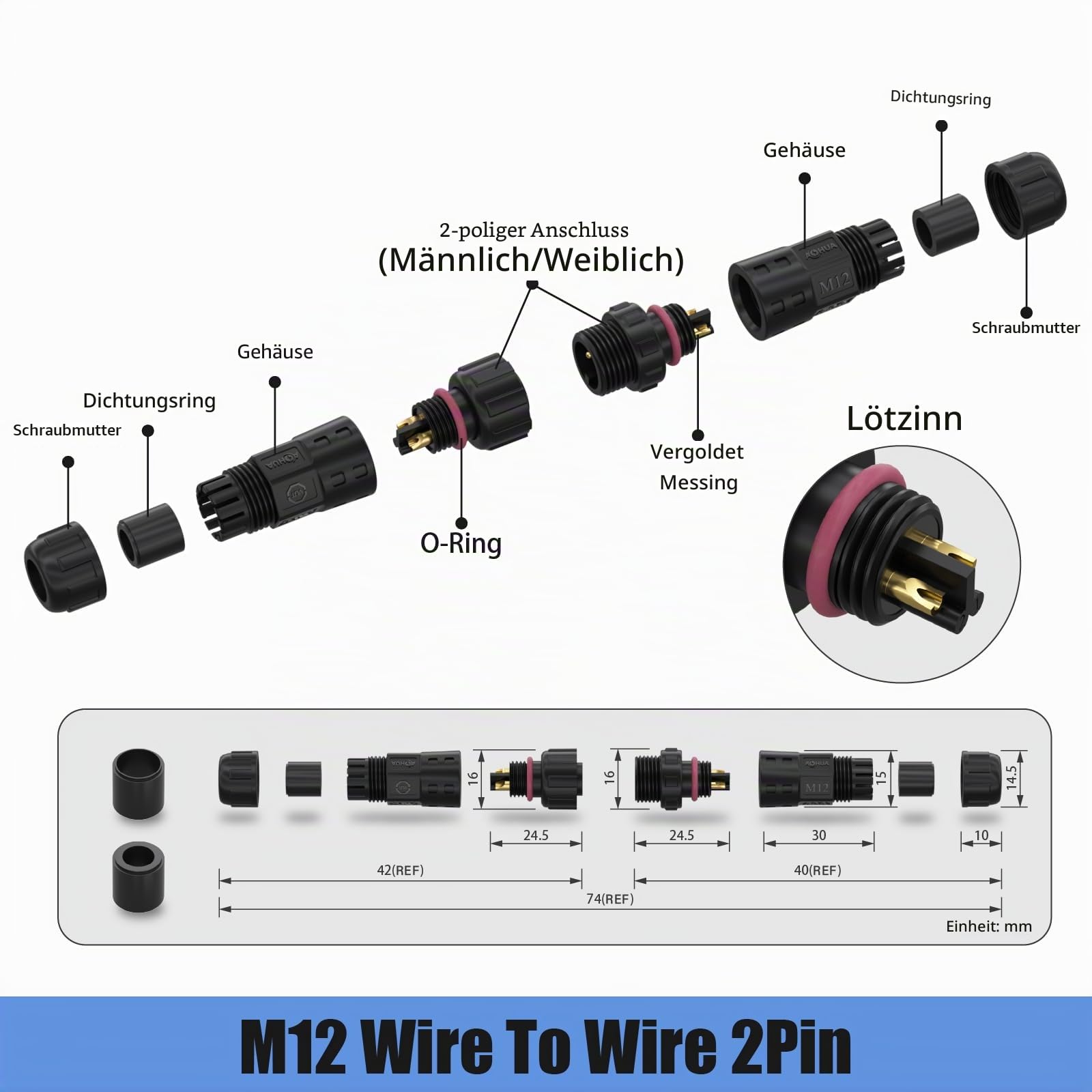 AOHUA IP68 Wasserdichter Steckverbinder 6er-Set, M12 2-poliger Lötanschluss Industrie-Stecker, 300V/5A, passend für Kabel Ø3,5–7,5 mm, Male/Female Stecker-Buchse für Außenbeleuchtung, CE, RoHS