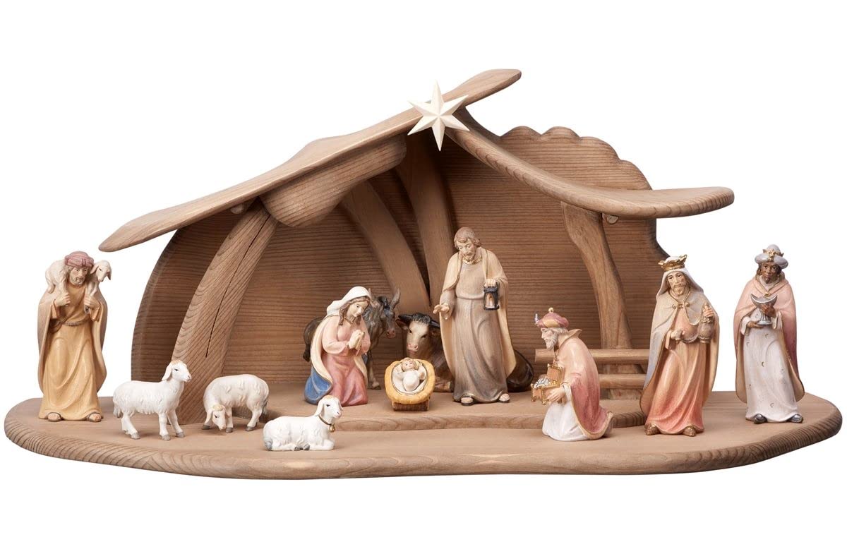 Generico Set Presepe Completo in Legno con capanna Composto da 14 Pezzi, Creato Interamente a Mano in Val Gardena (Versione statuine Colorate) (Altezza Giuseppe cm 16)