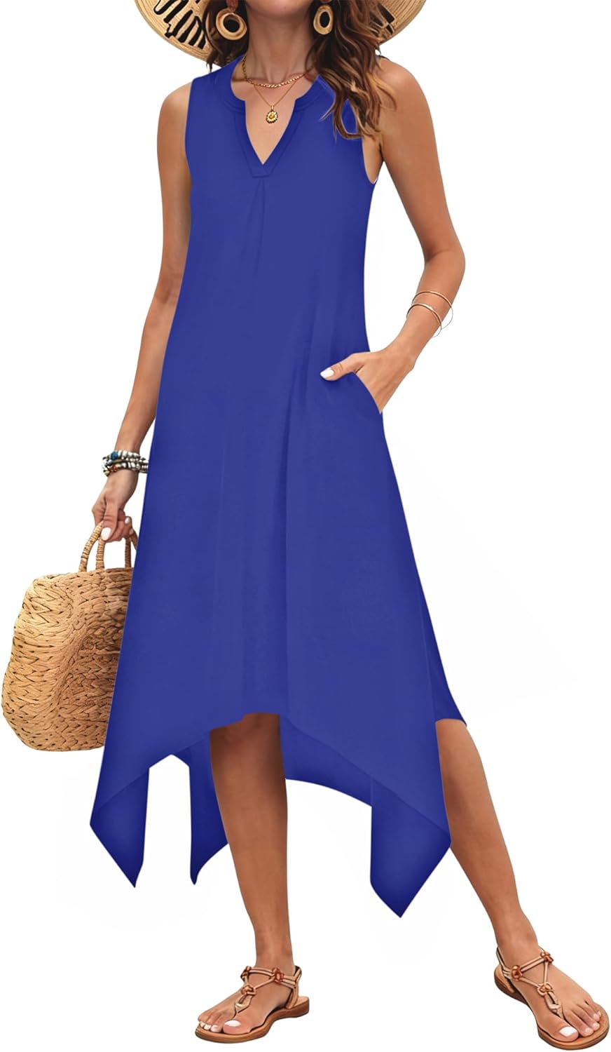 AUSELILY Summer Dresses for Women 2026 Casual Sleeveless Sundress Asymmetrical Hem Tank Midi Dress with Pockets