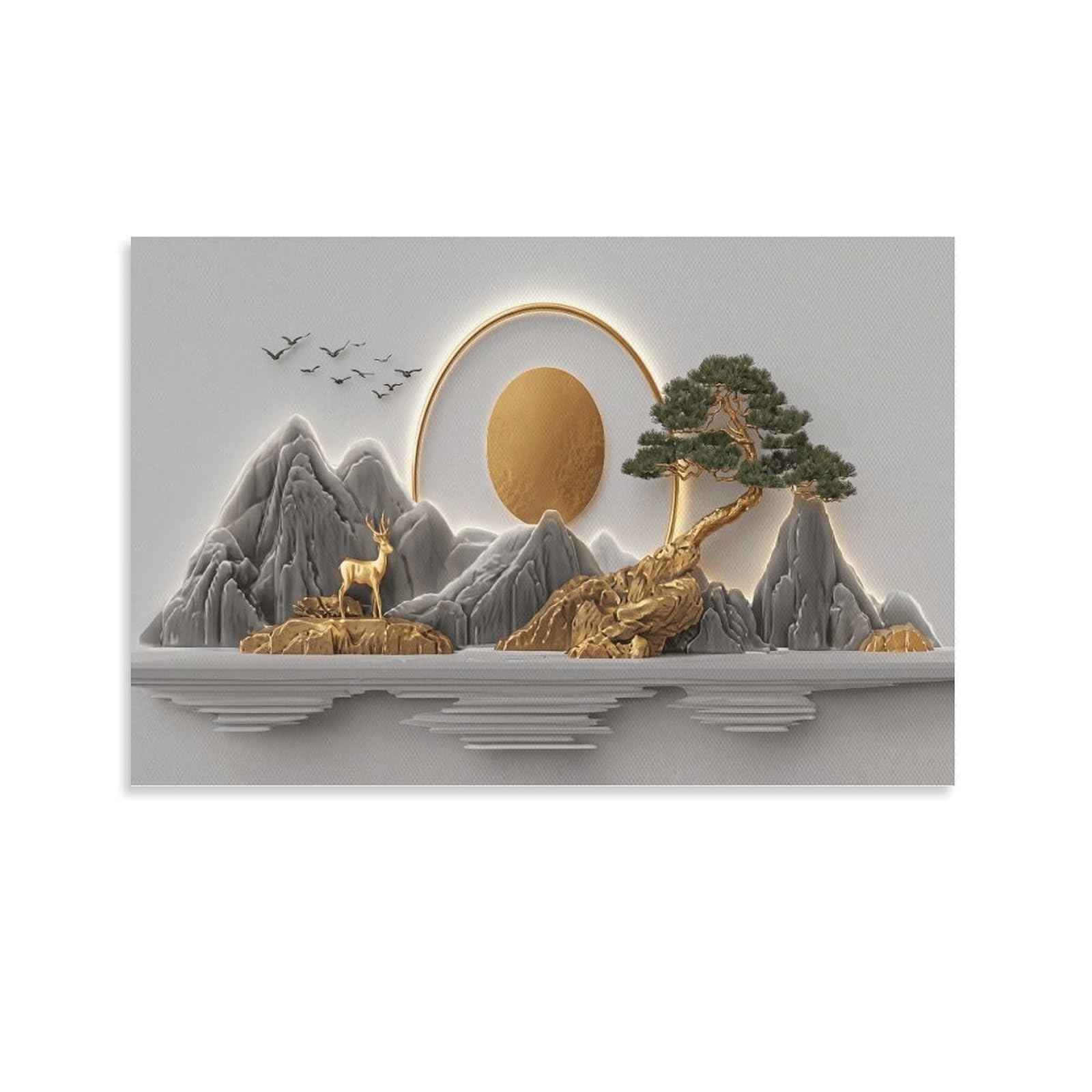 XPASHIQWC New Chinese Relief Landscape Deer Poster Artwork Giclee Canvas Prints Modern Canvas Wall Art Picture Wall Hanging for Home Decorations 20x30inch(50x75cm)