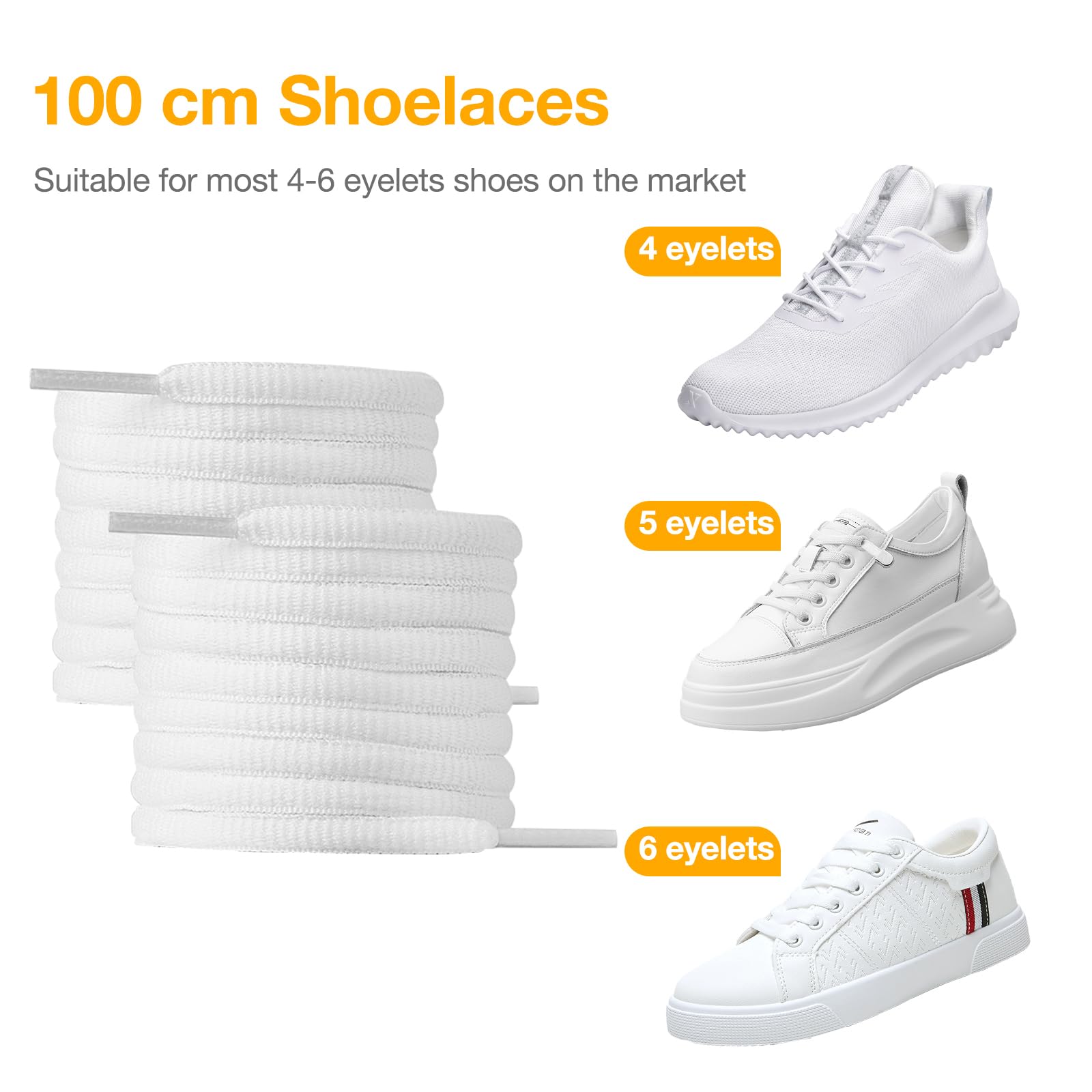 2 pary sznurowadeł klasy premium, białe, odporne na rozerwanie sznurowadła [6 mm szerokości], białe sznurowadła 100 cm, zapasowe Shoelaces do sneakersów, butów sportowych, butów do biegania,