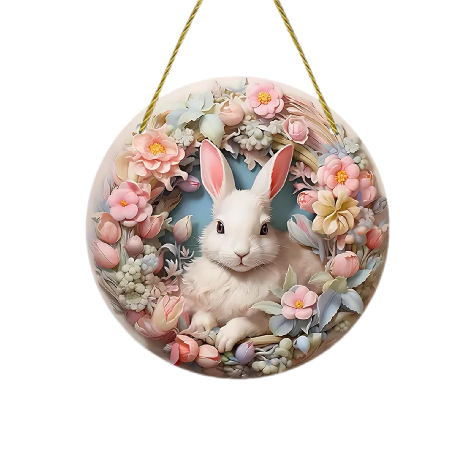 Rabbit in Flowers Front Door Sign for Easter Decoration, Acrylic Spring Front Porch Decor for Home Wall, Suncatcher Ornaments Door Hanger (Rabbit Wreath, 8